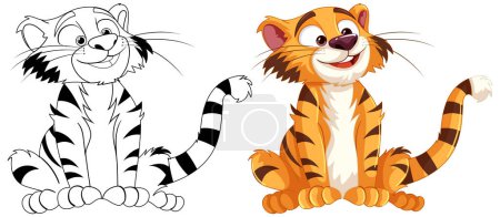 Illustration for Two cartoon tigers, one colored and one outlined. - Royalty Free Image