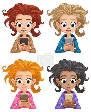 Four cartoon children using smartphones, smiling.
