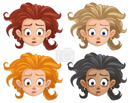 Téléchargez les illustrations : Quatre visages de dessins animés montrant différentes expressions et coiffures. - en licence libre de droit