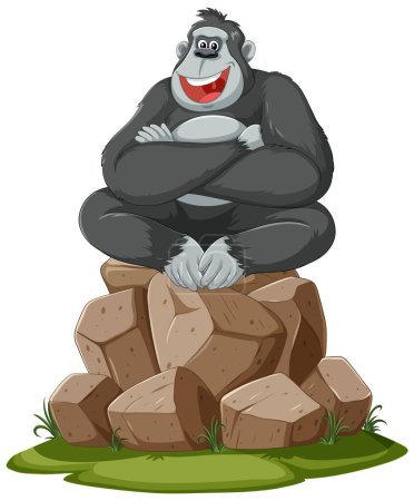 Téléchargez les illustrations : Illustration vectorielle d'un gorille heureux assis sur des rochers. - en licence libre de droit