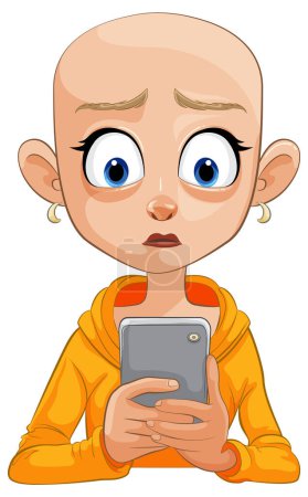 Glatzköpfiges Cartoon-Mädchen schaut besorgt mit Smartphone