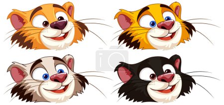 Téléchargez les illustrations : Quatre expressions différentes de chat de dessin animé illustrées. - en licence libre de droit
