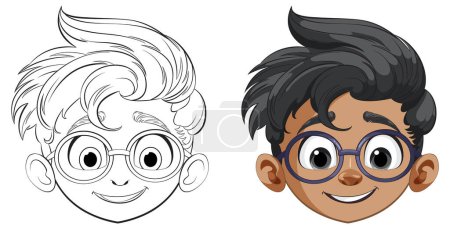 Téléchargez les illustrations : Deux garçons de dessin animé, un coloré et une ligne d'art - en licence libre de droit