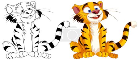 Illustration for Black and white and colored tiger illustrations side by side. - Royalty Free Image