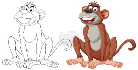 Illustration for Vector graphic of a monkey, sketched and colored versions. - Royalty Free Image