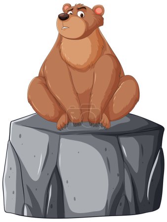 Illustration for A thoughtful bear sitting atop a grey boulder. - Royalty Free Image