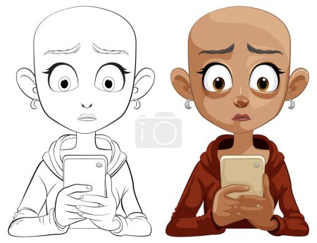 Cartoon illustration of girl reacting to phone content