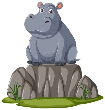 Ein fröhliches Karikatur-Nilpferd sitzt auf Felsen.