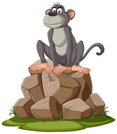 Téléchargez les illustrations : Illustration vectorielle d'un singe assis sur des rochers - en licence libre de droit