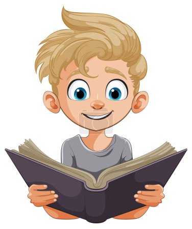 Téléchargez les illustrations : Dessin animé garçon avec un grand sourire lire un livre - en licence libre de droit