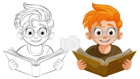 Ilustración de Imágenes coloridas y en blanco y negro de un niño lector - Imagen libre de derechos