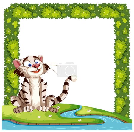 Ilustración de Gato feliz rodeado por un borde de trébol exuberante - Imagen libre de derechos