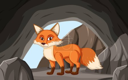 A fox stands alert inside a shadowy cave entrance.