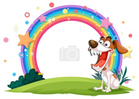 Ilustración de Perro de dibujos animados sonriendo bajo un arco iris vibrante. - Imagen libre de derechos