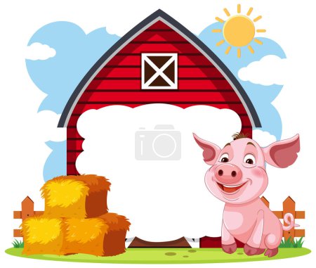 Téléchargez les illustrations : Cochon joyeux assis près d'une grange rouge et de foin - en licence libre de droit