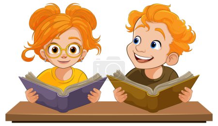 Téléchargez les illustrations : Deux enfants de dessin animé appréciant la lecture de livres colorés - en licence libre de droit