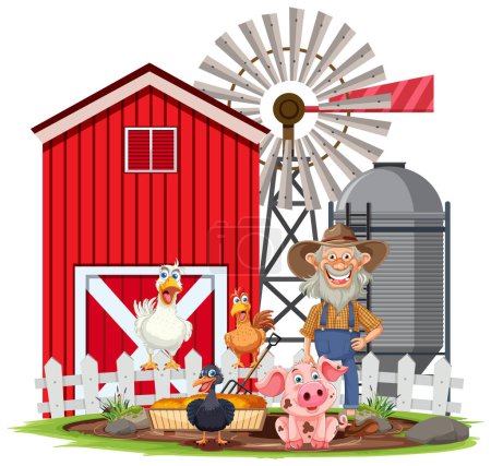 Téléchargez les illustrations : Fermier joyeux debout avec divers animaux de ferme - en licence libre de droit