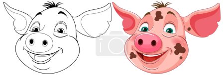 Téléchargez les illustrations : Illustration vectorielle de deux cochons de dessin animé souriants - en licence libre de droit