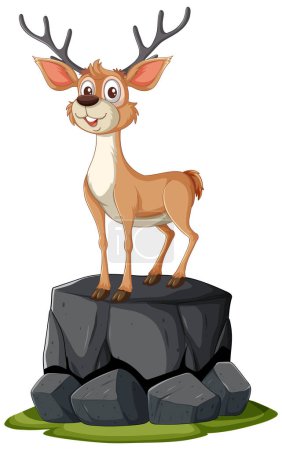 Ein glücklicher Cartoon-Hirsch steht auf einem steinernen Podest.