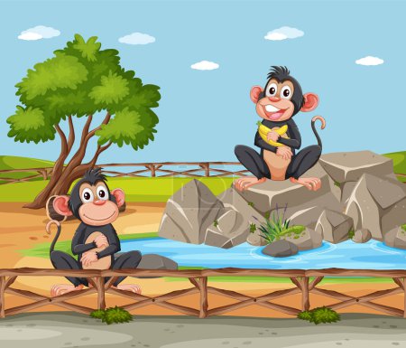 Téléchargez les illustrations : Deux singes de dessin animé se relaxant près d'une scène de rivière - en licence libre de droit
