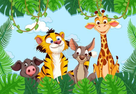 Téléchargez les illustrations : Animaux de bande dessinée souriant dans un cadre luxuriant de jungle - en licence libre de droit