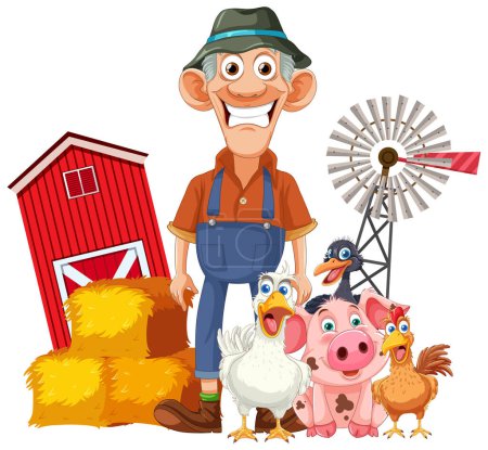 Cheerful farmer standing with various farm animals