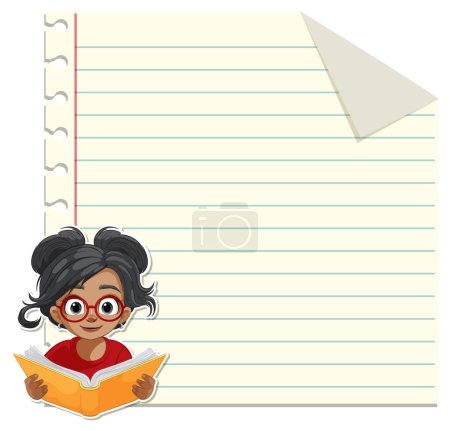 Cartoon-Mädchen lesen Buch mit liniertem Papier Hintergrund