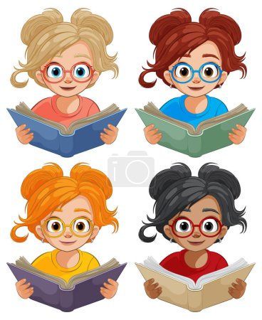 Cuatro niños de dibujos animados con gafas leyendo libros coloridos