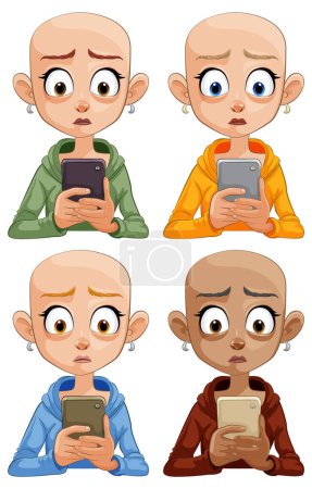 Ilustración de Cuatro expresiones que reaccionan al contenido del teléfono - Imagen libre de derechos