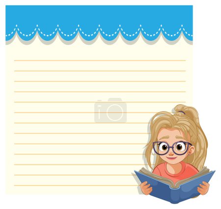 Téléchargez les illustrations : Caricature d'une fille lisant avec une expression heureuse - en licence libre de droit