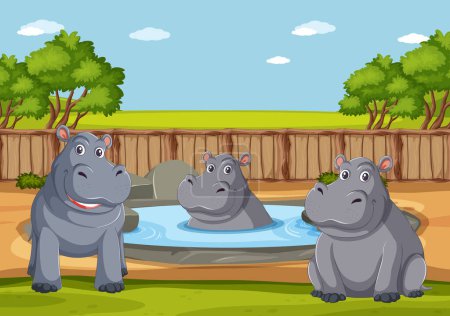 Téléchargez les illustrations : Trois hippopotames de dessin animé près d'un étang d'eau - en licence libre de droit
