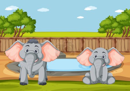 Illustration for Two cartoon elephants near a small pond - Royalty Free Image
