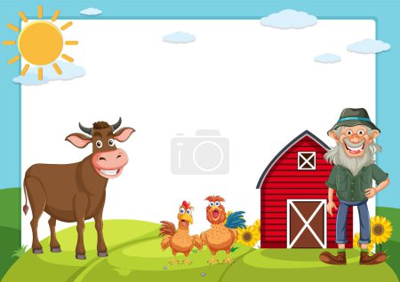 Illustration for Cartoon farmer with animals and barn scene - Royalty Free Image