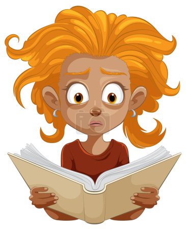 Ilustración de Chica de dibujos animados con ojos anchos leyendo un libro - Imagen libre de derechos