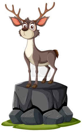 Ilustración de Ciervo de dibujos animados de pie sobre una plataforma de piedra. - Imagen libre de derechos