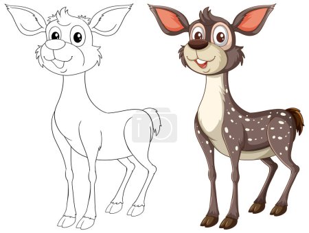 Illustration for Two cartoon deer, one colored and one outlined. - Royalty Free Image