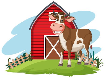 Téléchargez les illustrations : Cartoon vache souriant devant la grange rouge - en licence libre de droit