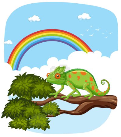 Illustration for Colorful chameleon on a tree branch, rainbow background - Royalty Free Image