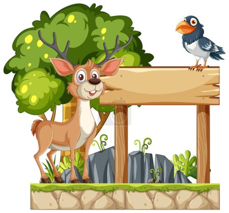 Illustration of a deer and bird with a blank sign