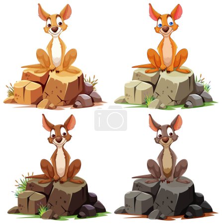 Ilustración de Cuatro canguros con diferentes expresiones en las rocas. - Imagen libre de derechos