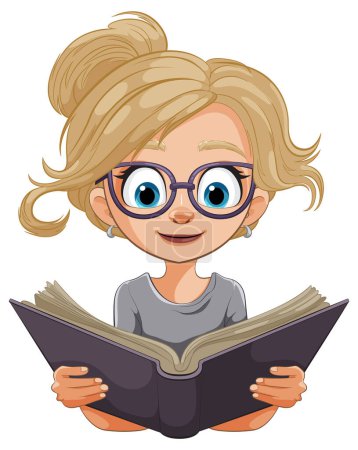 Cartoon of a young girl reading with interest