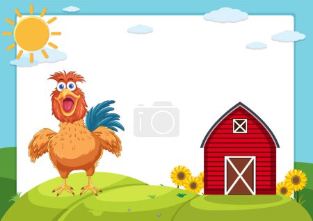 Téléchargez les illustrations : Illustration vectorielle d'un coq près d'une grange rouge - en licence libre de droit