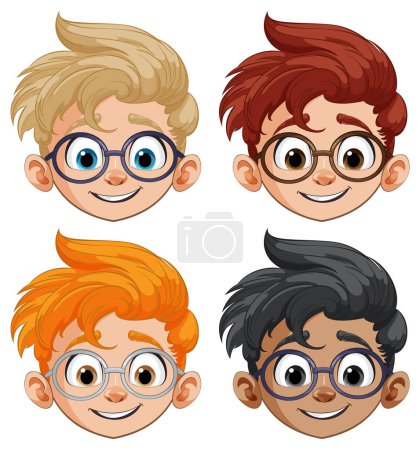 Ilustración de Ilustración vectorial colorida de las caras de cuatro niños - Imagen libre de derechos