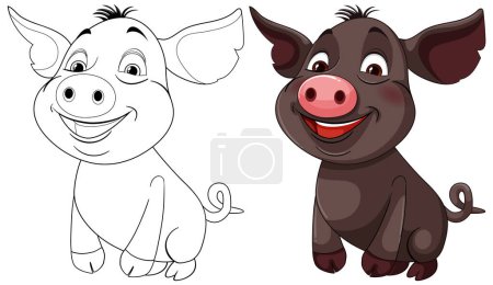 Ilustración de Dos cerdos sonrientes, uno de color y uno delineado. - Imagen libre de derechos