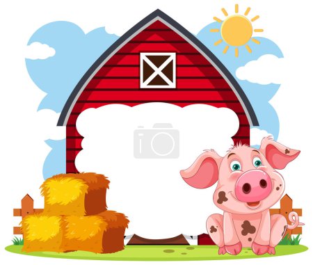 Cheerful piglet with barn and hay bales scene