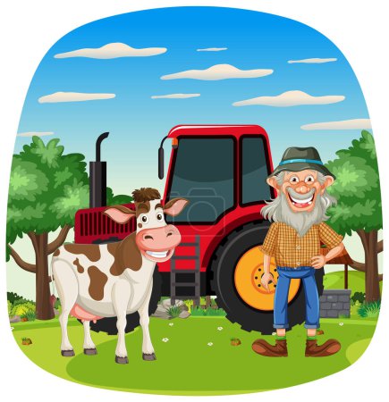 Cartoon farmer standing next to cow and tractor.