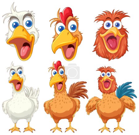 Téléchargez les illustrations : Six poulets animés montrant diverses émotions. - en licence libre de droit