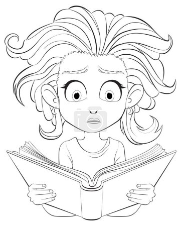 Chica de dibujos animados con ojos anchos leyendo un libro.