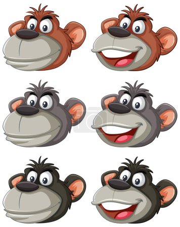 Illustration for Six vector illustrations of a monkey with different expressions. - Royalty Free Image