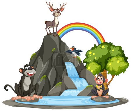 Illustration for Cartoon animals enjoying nature by a waterfall - Royalty Free Image